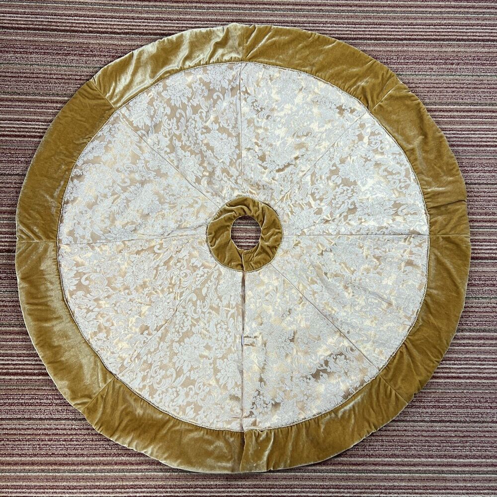 Retro Dan Dee Christmas Tree Skirt Gold Velvet & Tapestry Fabric 46" Round